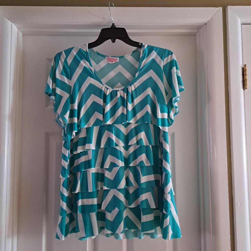 Chevron Patterned Teal and White Women's Top